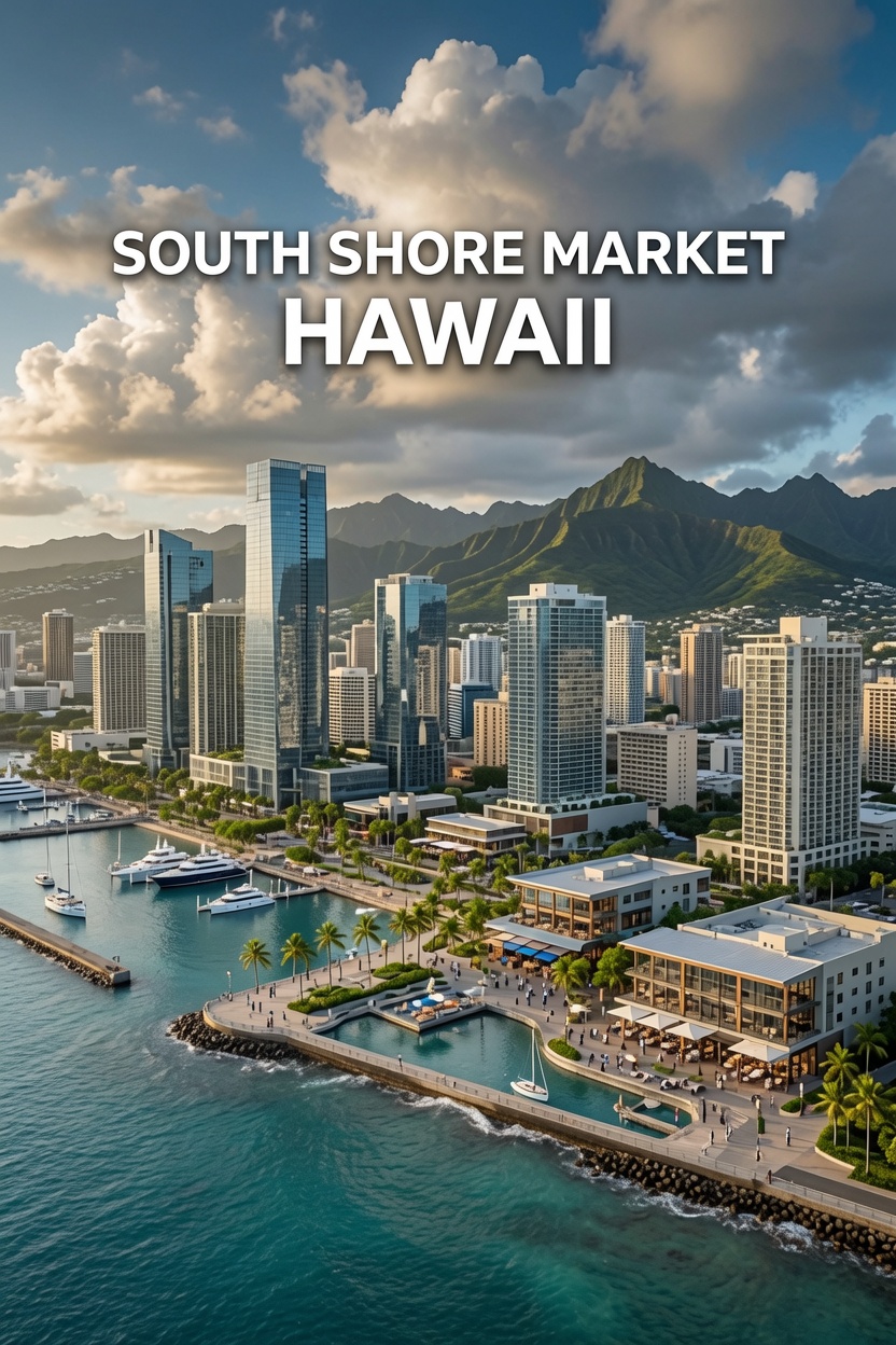 Aerial view of South Shore Market and the Honolulu waterfront in Hawaii
