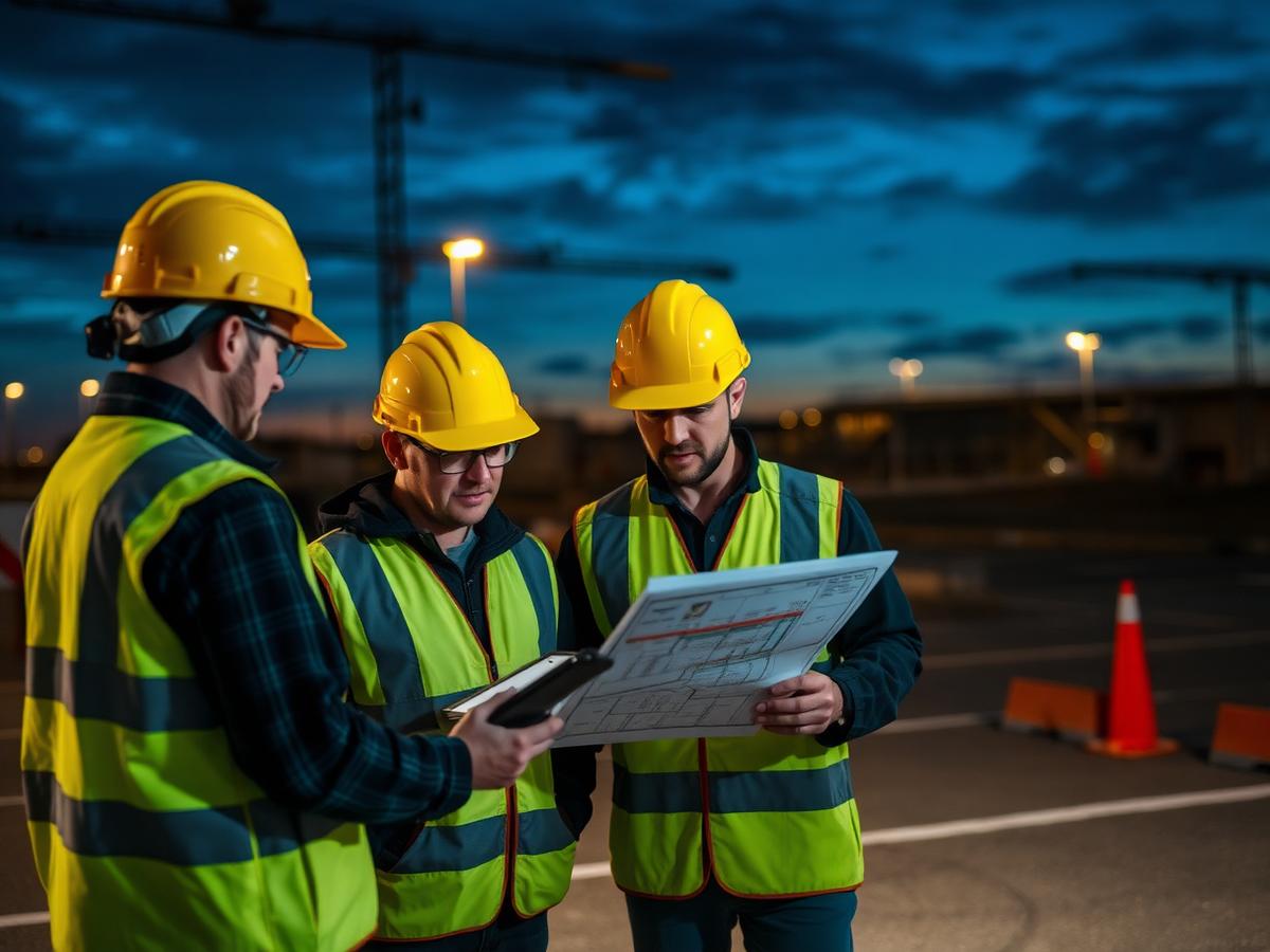 Engineers reviewing site plans at a parking lot at dusk