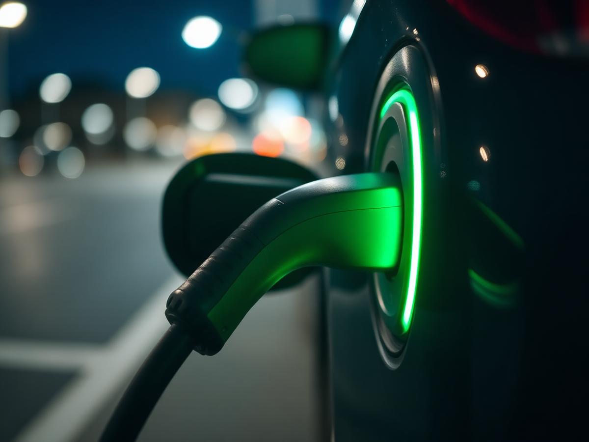Charging cable plugged into an electric car with a green indicator light