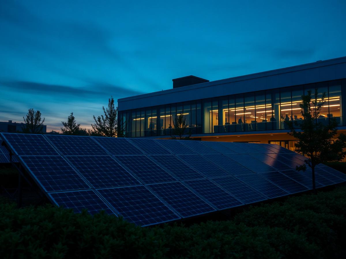 Solar array beside a modern commercial building at dusk