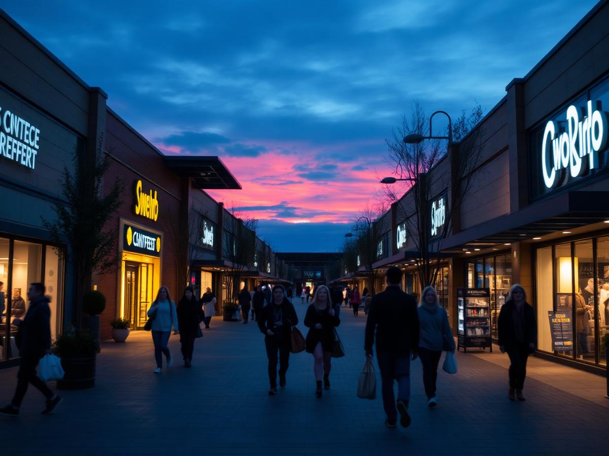 Shoppers walking through a retail plaza at dusk