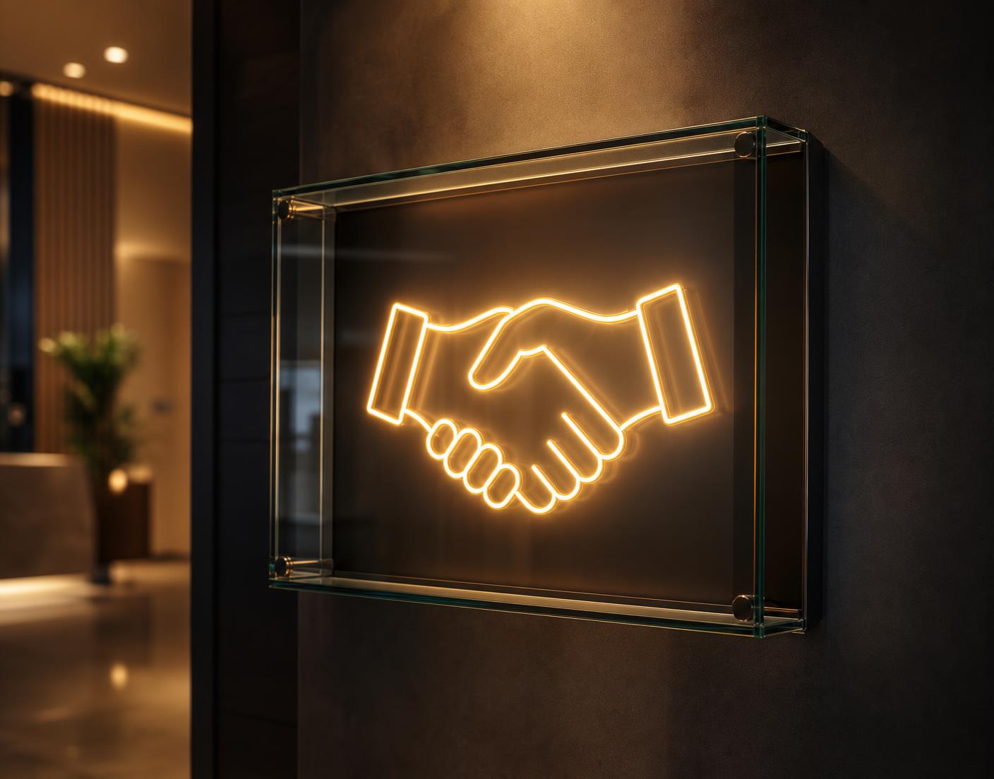 Glowing neon handshake icon mounted inside a sleek glass box on a dark modern wall, symbolizing partnership and co-branding collaboration