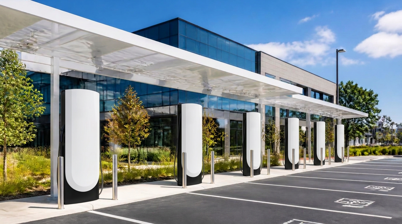 Row of white DC fast EV chargers under a canopy at a modern commercial property in daylight
